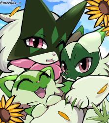 Rule 34 | closed eyes, closed mouth, creatures (company), evolutionary line, fang, fangs, floragato, flower, game freak, happy, highres, leaf, mask, meeka, meowscarada, nintendo, one eye closed, open mouth, pink eyes, pokemon, pokemon (creature), smile, sprigatito, sunflower