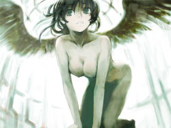 Rule 34 | 1girl, all fours, angel, angel wings, backlighting, bad id, bad pixiv id, black hair, breasts, green eyes, green theme, grin, monochrome, nimirom, nipples, nude, original, parted lips, smile, solo, wings