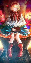 Rule 34 | 1girl, alice margatroid, blonde hair, blue dress, blue eyes, book, boots, capelet, chair, dress, grimoire, grimoire of alice, hairband, kozou (soumuden), sitting, solo, touhou