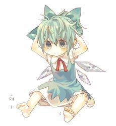 Rule 34 | 07cy, alternate hairstyle, angry, bad id, barefoot, child, cirno, embodiment of scarlet devil, feet, ponytail, simple background, solo, touhou