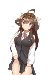 Rule 34 | 1girl, absurdres, aged down, ahoge, alternate costume, brown hair, brown skirt, brown vest, cowboy shot, double bun, hair bun, hairband, highres, kantai collection, kongou (kancolle), long hair, looking at viewer, minoa 11touhei, neck ribbon, one-hour drawing challenge, pleated skirt, purple eyes, red ribbon, ribbon, simple background, skirt, skirt hold, solo, vest, white background