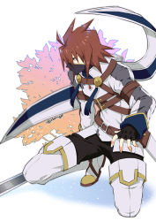 Rule 34 | 1boy, alternate costume, black gloves, black pants, boots, buckle, fingerless gloves, gloves, kratos aurion, looking away, male focus, mask, pants, red eyes, solo, spiked hair, squatting, sword, tales of (series), tales of symphonia, tassel, thigh boots, thighhighs, tktg, twitter username, weapon, white background, white footwear