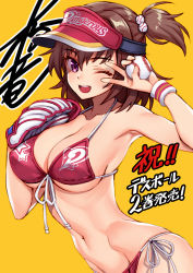 Rule 34 | 1girl, ball, bare shoulders, baseball glove, bikini, breasts, brown hair, character request, cleavage, collarbone, commentary request, death ball (game), front-tie bikini top, front-tie top, hair ornament, highres, holding, matsuryuu, navel, official art, one eye closed, open mouth, purple eyes, red bikini, side-tie bikini bottom, side ponytail, simple background, smile, solo, stomach, swimsuit, upper body, v over eye, visor cap, wristband, yellow background