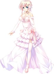 Rule 34 | 1girl, ahoge, artwhirl mahou gakuen no otome-tachi, blue eyes, breasts, cleavage, closed mouth, collarbone, detached sleeves, dress, full body, hair ornament, highres, kora (artwhirl), large breasts, layered dress, long dress, long sleeves, pink footwear, pink ribbon, ribbon, short hair with long locks, sidelocks, sleeveless, sleeveless dress, smile, solo, standing, thighhighs, transparent background, wedding dress, white dress, white hair, white sleeves, yuuki makoto (radiant)