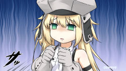 Rule 34 | 1girl, artoria caster (fate), artoria caster (first ascension) (fate), artoria pendragon (fate), bare shoulders, blonde hair, blouse, blue background, empty eyes, fate/grand order, fate (series), gloves, green eyes, grey gloves, grey hat, hair between eyes, hands up, hat, highres, long hair, neon-tetora, parted lips, shirt, signature, sleeveless, sleeveless shirt, solo, speed lines, twintails, upper body, white shirt