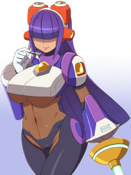 Rule 34 | 1girl, android, blunt bangs, blush, breasts, cameltoe, closed mouth, cowboy shot, dark-skinned female, dark skin, female focus, gloves, gradient background, hair over eyes, headgear, highres, hime cut, hip focus, holding, holding weapon, konboi-eg, large breasts, layer (mega man), lipstick, long hair, makeup, mega man (series), mega man x8, mega man x (series), midriff, mole, mole under eye, navel, purple hair, robot ears, smile, solo, underboob, weapon, white gloves