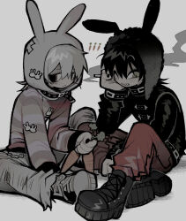 Rule 34 | 2boys, animal ears, animal hat, black eyes, black footwear, black hair, black nails, black sweater, boots, carrot, cigarette, clenched teeth, closed mouth, dark konoha, dual persona, hat, highres, holding, holding cigarette, kagerou project, konoha (kagerou project), long sleeves, looking at viewer, male focus, multiple boys, one eye closed, pants, rabbit ears, rabbit hat, red pants, sharp teeth, shoes, simple background, sitting, smoke, sneakers, striped clothes, striped sweater, sweater, teeth, tonkatsu184, white background, white footwear, white hair, white pants, yellow eyes