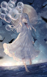 Rule 34 | 1girl, aono 99, balloon, bird, blue eyes, bug, butterfly, constellation, dress, flower, highres, insect, long hair, looking at viewer, moon, night, night sky, original, pale skin, see-through, silver hair, sky, star (sky), starry sky, tearing up, walking, walking on liquid, water, white dress