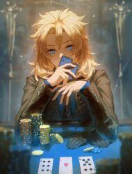 Rule 34 | 1boy, ace (playing card), ace of hearts, albedo (genshin impact), black jacket, black necktie, blonde hair, blue eyes, blue shirt, braid, card, covering own mouth, genshin impact, half updo, heart, highres, holding, holding card, jacket, long sleeves, looking at viewer, male focus, necktie, playing card, seven of spades, shirt, six of spades, solo, zieru