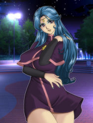 Rule 34 | 1girl, blue hair, breasts, capelet, circlet, cowboy shot, dress, eyeshadow, female focus, gaden, happy, hibiki non, huge breasts, jewelry, lamppost, long hair, long sleeves, majokko megu-chan, makeup, nail polish, night, parted bangs, parted lips, pendant, purple eyes, short dress, smile, solo, standing, thick thighs, thighs, very long hair, wide hips