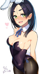 Rule 34 | 1girl, animal ears, black hair, black leotard, black pantyhose, blush, breasts, cleavage, collarbone, cowboy shot, dated, detached collar, fake animal ears, fake tail, fang, green eyes, hair ornament, hairclip, heart, highres, kantai collection, kuroshio (kancolle), leotard, looking at viewer, medium breasts, open mouth, pantyhose, rabbit ears, rabbit tail, short hair, simple background, smile, solo, strapless, strapless leotard, tail, taketora suzume, white background