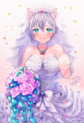 Rule 34 | 1girl, animal ear fluff, animal ears, blue eyes, blush, bouquet, breasts, bridal veil, brown background, cat ears, closed mouth, commentary request, commission, confetti, copyright request, dress, fang, fang out, flower, gradient background, grey background, grey hair, hair between eyes, hand up, highres, ittokyu, large breasts, pink flower, pink rose, rose, see-through, signature, smile, solo, strapless, strapless dress, veil, virtual youtuber, wedding dress, white dress