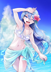 Rule 34 | 1girl, :d, absurdres, arm up, bare shoulders, bikini, blue eyes, blue hair, blue nails, blush, breasts, cleavage, collarbone, commentary request, crossed legs, danganronpa: trigger happy havoc, danganronpa (series), danganronpa s: ultimate summer camp, flower, hair between eyes, hair flower, hair ornament, hairclip, hibiscus, highres, leaning to the side, long hair, looking at viewer, maizono sayaka, medium breasts, murasaki (deceive138), nail polish, navel, one eye closed, open mouth, pink flower, sarong, smile, solo, stomach, swimsuit, white bikini
