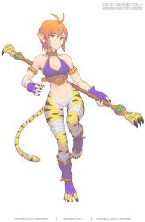 Rule 34 | 1girl, animal ears, breasts, breath of fire, breath of fire ii, bustier, capcom, cat ears, cat tail, cleavage, closed mouth, commentary, english commentary, facial mark, furry, furry female, gloves, gofelem, green eyes, looking at viewer, no panties, no pants, orange hair, pointy ears, rinpoo chuan, short hair, simple background, solo, staff, tail, weapon, white background