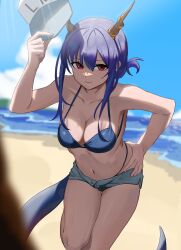Rule 34 | 1girl, arknights, bare arms, bare shoulders, baseball cap, beach, bikini, blue bikini, blue hair, blue sky, breasts, ch&#039;en (arknights), ch&#039;en the holungday (arknights), cleavage, cloud, commentary, day, dragon horns, dragon tail, folded ponytail, grey shorts, hair between eyes, hand up, hat, highres, holding, holding clothes, holding hat, horns, large breasts, leaning forward, long hair, looking at viewer, micro shorts, natoriusu sansei, navel, red eyes, shorts, sky, smile, solo, standing, stomach, swimsuit, tail, thighs, unworn hat, unworn headwear