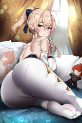 Rule 34 | 1girl, absurdres, ahoge, ass, bare shoulders, bed, blonde hair, blue eyes, blush, bow, breasts, cameltoe, diluc (genshin impact), from behind, genshin impact, hair between eyes, hair bow, highres, huge ass, jean (genshin impact), kyle (kysizzle), kysizzle, large breasts, leggings, long hair, looking at viewer, pantylines, ponytail, see-through, shiny clothes, sideboob, sitting, skin tight, solo, thighs, yokozuwari