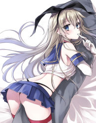 Rule 34 | 10s, 1girl, ass, bare shoulders, black panties, blonde hair, blue eyes, blush, body pillow, crop top, dakimakura (object), elbow gloves, female focus, finger to mouth, gloves, hairband, highleg, highleg panties, highres, hugging object, kantai collection, long hair, looking at viewer, looking back, midriff, mouth hold, panties, pillow, pillow hug, shimakaze (kancolle), skirt, socks, solo, striped clothes, striped socks, striped thighhighs, takeuchi aya, thighhighs, thong, underwear, white gloves