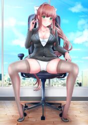 Rule 34 | 1girl, black footwear, blue sky, bow, breasts, brown hair, business suit, chair, cloud, commentary, commentary request, commission, doki doki literature club, english commentary, formal, green eyes, hair bow, high heels, highres, indoors, looking at viewer, medium breasts, mi tarou0412, mixed-language commentary, monika (doki doki literature club), office chair, pen, ponytail, sitting, sky, solo, suit, swivel chair, white bow