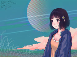 Rule 34 | 1girl, :|, black eyes, black hair, blush, bob cut, closed mouth, cloud, collarbone, commentary, dated, english commentary, expressionless, flower, hair flower, hair ornament, hair strand, highres, jacket, looking ahead, messy hair, nino berlin, note, open clothes, open jacket, original, planet, resolution mismatch, scenery, shirt, short hair, signature, sky, solo, source smaller, title, upper body, yellow shirt