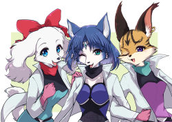 Rule 34 | 3girls, :3, animal ears, animal nose, aqua eyes, belt, blue bodysuit, blue eyes, blue gemstone, blue hair, blue pants, blue shirt, body fur, bodysuit, bow, cat ears, cat girl, circlet, cleavage cutout, clenched hand, clothing cutout, collarbone, crystal, dog ears, dog girl, dog tail, earrings, fay spaniel, female focus, fox ears, fox girl, furry, furry female, gem, gloves, hair bow, hair tubes, hand on another&#039;s shoulder, hands up, happy, high collar, jacket, jewelry, krystal, leaning forward, locked arms, long sleeves, looking at viewer, miyu lynx, multicolored shirt, multiple girls, namagaki yukina, nintendo, one eye closed, open clothes, open jacket, open mouth, pants, pink gloves, purple shirt, red bow, shirt, short hair, simple background, single earring, smile, snout, standing, star fox, star fox 2, star fox assault, tail, two-tone background, upper body, white background, white jacket, wink