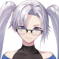 Rule 34 | 1girl, bare shoulders, blue eyes, bodystocking, chinese commentary, closed mouth, collarbone, constantine-xii, glasses, highres, long hair, looking at viewer, nose, original, silver hair, solo, twintails, upper body, white background