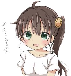 Rule 34 | 1girl, ahoge, blush, breasts, brown hair, collarbone, flower, flying sweatdrops, green eyes, hair between eyes, hair flower, hair ornament, highres, long hair, looking at viewer, niizato aoi, non non biyori, open mouth, shika (s1ka), shirt, short sleeves, side ponytail, sidelocks, simple background, small breasts, smile, solo, sunflower, sunflower hair ornament, sweat, translation request, upper body, white background, white shirt, yellow flower