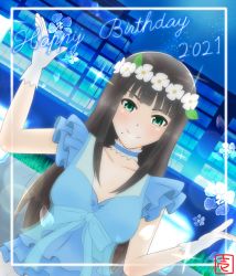 Rule 34 | 1girl, aqua eyes, artist name, artist request, black hair, blue dress, blue skirt, blue sky, blush, breasts, city, cleavage, collarbone, dress, female focus, flower wreath, gloves, green eyes, head wreath, highres, ichi oekaki, kurosawa dia, long hair, looking at viewer, love live!, love live! school idol festival, love live! sunshine!!, medium breasts, mole, mole under mouth, night, night sky, outstretched arms, parted lips, shooting star, skirt, sky, smile, solo, white detached collar, white gloves, yume no tobira