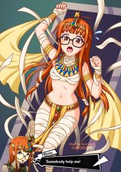 Rule 34 | 1girl, armlet, bandages, black-framed eyewear, blunt bangs, bracelet, breasts, brown eyes, burbur, commentary, diadem, english commentary, english text, glasses, highres, jewelry, long hair, looking at viewer, medium breasts, mummy, navel, open mouth, orange hair, pelvic curtain, persona, persona 5, restrained, sakura futaba, solo, stomach, usekh collar