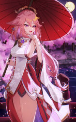 Rule 34 | 1girl, :d, absurdres, animal ears, breasts, cherry blossoms, detached sleeves, dress, earrings, falling petals, fingernails, fox ears, fox girl, full moon, genshin impact, hair between eyes, hair ornament, hand up, highres, holding, holding umbrella, izanaware game, japanese clothes, jewelry, long hair, looking to the side, medium breasts, moon, nail polish, night, nontraditional miko, oil-paper umbrella, open mouth, outdoors, petals, pink hair, pink nails, purple eyes, red umbrella, sideboob, sleeveless, sleeveless dress, smile, solo, thighs, tree, umbrella, very long hair, water, white dress, wide sleeves, yae miko