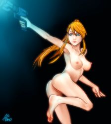 Rule 34 | armpits, asmo deus, ass, blonde hair, blue eyes, feet, female focus, holding, holding weapon, metroid, mole, mole under mouth, nintendo, nipples, nose, nude, pussy, samus aran, simple background, tagme, uncensored, weapon