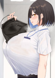Rule 34 | 1girl, black bra, black hair, blue hair, blush, bob cut, bra, breasts, chomikuplus, collared shirt, colored inner hair, dawn (chomikuplus), highres, holding, holding bra, holding underwear, huge breasts, implied lactation, long hair, looking at viewer, looking to the side, mole, mole under eye, multicolored hair, no bra, office lady, open mouth, original, profile, shirt, short sleeves, smile, solo, standing, two-tone hair, underwear, upper body, white shirt