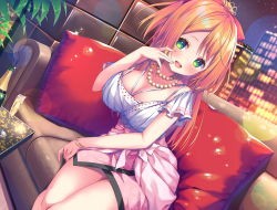 Rule 34 | 1girl, :d, asa no ha (awayuki), blush, bottle, breasts, champagne flute, cleavage, couch, cup, drinking glass, dutch angle, eyebrows hidden by hair, green eyes, highres, indoors, jewelry, large breasts, long hair, looking at viewer, necklace, night, official art, open mouth, orange hair, pink skirt, sitting, skirt, smile, solo, window, wine bottle