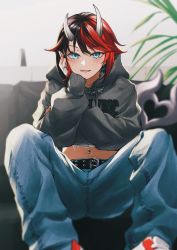 Rule 34 | 1girl, nanashi inc., alternate costume, belt, black belt, black hair, blue eyes, blue pants, blush, commentary request, couch, cropped hoodie, demon girl, demon horns, demon tail, denim, ear piercing, earrings, feet out of frame, gin (tttetu123), grey hoodie, hand on own cheek, hand on own face, highres, hood, hood down, hoodie, horns, jeans, jewelry, long sleeves, looking at viewer, midriff, multicolored hair, navel, navel piercing, open mouth, pants, piercing, plant, pointy ears, potted plant, red footwear, red hair, ring, ryugasaki rene, shoes, short hair, sitting, smile, sneakers, solo, sugar lyric, tail, two-tone hair, virtual youtuber