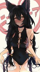 Rule 34 | 1girl, absurdres, animal ears, backless swimsuit, bare shoulders, black hair, black one-piece swimsuit, blush, braid, breasts, casual one-piece swimsuit, choker, cleavage, cleavage cutout, closed mouth, clothing cutout, collarbone, covered navel, cowboy shot, erune, gluteal fold, granblue fantasy, groin, highres, large breasts, long hair, looking at viewer, nier (granblue fantasy), nier (lover by the lily lake) (granblue fantasy), one-piece swimsuit, red eyes, sekai (sekaisan), sideboob, solo, swimsuit, twin braids, water drop