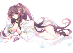 Rule 34 | 10s, 1girl, alternate costume, areola slip, black gloves, blush, breasts, brown eyes, brown hair, curvy, female focus, flower, gloves, hair flower, hair ornament, houkiri nemu, japanese clothes, kantai collection, kimono, large breasts, long hair, looking at viewer, lying, on stomach, ponytail, smile, solo, very long hair, white background, yamato (kancolle)