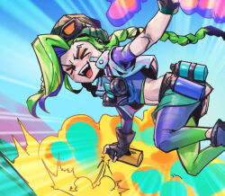 Rule 34 | 1girl, bandaid, bandaid on cheek, bandaid on face, black gloves, blue jacket, blue shirt, blush, braid, chromacrash jinx, closed eyes, feet out of frame, fingerless gloves, full body, gloves, graffiti, green hair, holding, jacket, jinx (league of legends), jumping, league of legends, league of legends: wild rift, official alternate costume, official alternate hairstyle, open mouth, outstretched arms, phantom ix row, shirt, smile, solo, spread arms, stomach, teeth, twin braids, upper teeth only