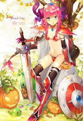 Rule 34 | 1girl, animal, armor, blue eyes, boots, cape, cookie, dragon girl, elizabeth bathory (brave) (fate), elizabeth bathory (fate), elizabeth bathory (fate), fate/extra, fate/extra ccc, fate/grand order, fate (series), food, grass, grave, highres, horns, long hair, outdoors, pauldrons, pink hair, pumpkin, shield, shoulder armor, slime, spikes, squirrel, sword, tagme, tail, text focus, weapon