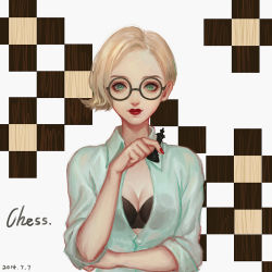 Rule 34 | 1girl, blonde hair, bra, breasts, chess piece, cleavage, dated, glasses, green eyes, king (chess), lipstick, makeup, mole, mole under eye, open clothes, open shirt, original, red lips, saikac, see-through, shirt, short hair, solo, underwear, upper body