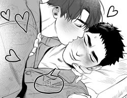 Rule 34 | 2boys, black hair, blush, brown hair, character request, chlthd 990, greyscale, hand on another&#039;s cheek, hand on another&#039;s face, heart, kiss, kissing cheek, korean commentary, korean text, lying, male focus, monochrome, multiple boys, on person, pajamas, pillow, translated, yaoi