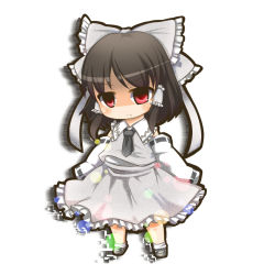 Rule 34 | 1girl, alternate color, ascot, bow, brown hair, concealed the conclusion, detached sleeves, dnk, empty eyes, female focus, full body, hair bow, hair ornament, hakurei reimu, japanese clothes, miko, red eyes, shaded face, simple background, solo, standing, touhou, white background, white theme