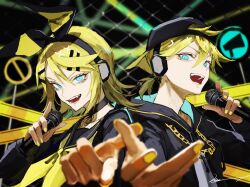 Rule 34 | 1boy, 1girl, aqua eyes, backwards hat, blonde hair, blurry, blurry background, caution tape, chain-link fence, choker, depth of field, fence, hair ornament, hairpin, hat, headphones, highres, holding, holding microphone, hood, hoodie, kagamine len, kagamine rin, low ponytail, medium hair, microphone, nail polish, open mouth, ratte (cf), reaching, reaching towards viewer, rettou joutou (vocaloid), road sign, sailor collar, sign, stop sign, vocaloid, yellow nails