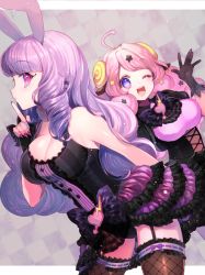 Rule 34 | 10s, 2girls, ;d, animal ears, bare shoulders, breasts, rabbit ears, chuchu (show by rock!!), cleavage, drill hair, finger to mouth, fishnet legwear, fishnets, from side, garter straps, horns, long hair, looking at viewer, moa (show by rock!!), momoshiki tsubaki, multiple girls, nail polish, one eye closed, open mouth, pink eyes, pink hair, profile, purple hair, ribbon-trimmed legwear, ribbon trim, sheep ears, sheep horns, show by rock!!, shushing, smile, thighhighs