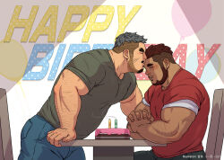 Rule 34 | 2boys, arm hair, bara, beard, belly, biceps, birthday, blue pants, blush, brown hair, cake, candle, chair, closed eyes, couple, dark-skinned male, dark skin, denim, facial hair, fat, fat man, feet out of frame, food, from side, gangdong, green shirt, grey hair, happy birthday, interlocked fingers, jeans, kiss, kissing forehead, large pectorals, male focus, mature male, multiple boys, muscular, muscular male, original, own hands clasped, own hands together, palms together, pants, parted lips, party, pectorals, profile, red shirt, shirt, short hair, short sleeves, sitting, smoke trail, table, thick eyebrows, underpec, upper body, yaoi