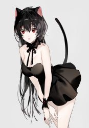 Rule 34 | 1girl, animal ears, bad id, bad pixiv id, bare arms, bare shoulders, black dress, black hair, breasts, cat ears, cat girl, cat tail, choker, cleavage, collarbone, commentary, cowboy shot, dress, extra ears, grey background, hair between eyes, large breasts, leaning forward, long hair, looking at viewer, naru (ul), original, parted lips, red eyes, simple background, sleeveless, sleeveless dress, solo, standing, strapless, strapless dress, tail, tail raised, thighs, very long hair