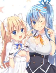 Rule 34 | 2girls, :d, :p, ;p, arms at sides, black bra, black skirt, blonde hair, blue eyes, blue hair, blue panties, blue ribbon, blush, bow, bow panties, bra, breasts, capelet, cleavage, collaboration, collared shirt, commentary, corset, dress, emori miku, frilled capelet, frills, gloves, hair between eyes, hair ornament, hair ribbon, hairclip, lace, lace-trimmed bra, lace trim, large breasts, liver city, long hair, looking at viewer, multiple girls, navy (navy.blue), necktie, object on head, one eye closed, one side up, open mouth, orange bow, orange necktie, original, panties, panties on head, pointing, pointing at self, pointing up, ribbon, see-through, shirt, short sleeves, skirt, small breasts, smile, striped clothes, striped panties, tongue, tongue out, two side up, underwear, white dress, white gloves, white panties, white ribbon, white shirt