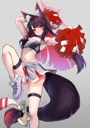 Rule 34 | 1girl, absurdres, animal ears, bare shoulders, black hair, blue archive, blush, breasts, cleavage, colored inner hair, eyeliner, fox ears, fox girl, fox tail, grin, hair ornament, halo, highres, holding, holding pom poms, large breasts, long hair, looking at viewer, makeup, millennium cheerleader outfit (blue archive), miniskirt, multicolored hair, navel, pleated skirt, pom pom (cheerleading), pom poms, red hair, shoes, skirt, smile, sneakers, solo, sports bra, tail, thighs, wakamo (blue archive), white skirt, wisespeak, yellow eyes