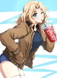 Rule 34 | 1girl, black shirt, blonde hair, blue eyes, blue shirt, blue shorts, brown jacket, coca-cola, commentary, cup, cutoffs, denim, denim shorts, disposable cup, drinking, girls und panzer, hair intakes, hand in pocket, highres, holding, holding cup, jacket, kay (girls und panzer), leaning forward, logo, long sleeves, looking at viewer, medium hair, military uniform, omachi (slabco), one eye closed, open clothes, open jacket, product placement, saunders military uniform, shirt, short shorts, shorts, solo, standing, thighhighs, uniform, white thighhighs