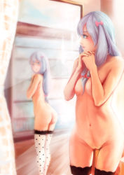 Rule 34 | 10s, 1girl, absurdres, ass, back, blunt bangs, blush, bow, breasts, cleft of venus, closed mouth, cowboy shot, eromanga sensei, from behind, hair bow, hands up, highres, interlocked fingers, izumi sagiri, legs together, light purple hair, light smile, lips, long hair, looking at viewer, looking back, low-tied long hair, mirror, navel, nose, nude, own hands clasped, own hands together, pink bow, pink lips, polka dot, polka dot legwear, profile, pussy, reflection, silver hair, small breasts, smile, solo, standing, stomach, thighhighs, thighs, uncensored, white thighhighs, yang chacha