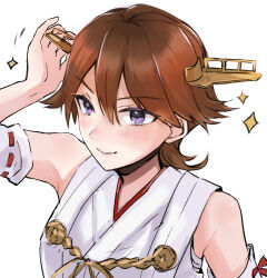 Rule 34 | 1girl, brown hair, commentary request, detached sleeves, flipped hair, hagioshi, headgear, hiei (kancolle), japanese clothes, kantai collection, nontraditional miko, ribbon-trimmed sleeves, ribbon trim, short hair, simple background, smile, solo, sparkle, upper body, white background