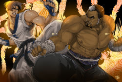 Rule 34 | 2boys, abs, bare pectorals, bare shoulders, beard, belt, biceps, black belt, brown eyes, brown hair, buzz cut, cowboy shot, curtained hair, dark skin, dobok, facial hair, fatal fury, fingerless gloves, fingernails, gang-il, gloves, goatee, hand on own chin, highres, kim kaphwan, large pectorals, long sideburns, looking at viewer, male focus, martial arts belt, mature male, multicolored hair, multiple boys, muscular, muscular male, naochim, parted lips, pectoral cleavage, pectorals, short hair, sideburns, simple background, smile, smirk, solo, standing, stroking own chin, the king of fighters, topless male, veins, very short hair, white background, white gloves
